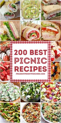 many different pictures of food with the words 200 best picnic recipes on top of them