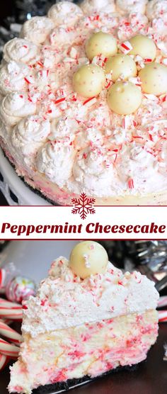 peppermint cheesecake with white frosting and candy canes on the top