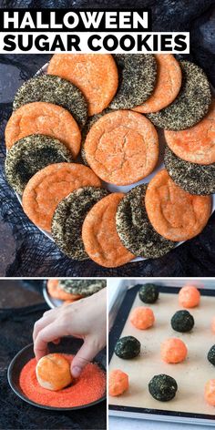 sugar cookies with orange or black sanding sugar displayed on a white platter Halloween Cookie House Ideas, Halloween Shaped Cookies, Orange And Black Desserts, Halloween Recipes Desserts, Halloween Themed Cookies Easy, Halloween Cookie Gift Boxes, Easy Halloween Goodies, Halloween Soups Ideas, Spooky Cookies Easy