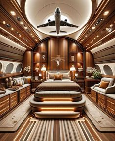 the interior of a luxury jet is lit up with lights and furniture, along with an airplane bed