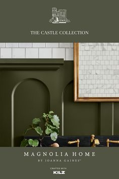 the castle collection is featured in this green and white bathroom with gold faucets