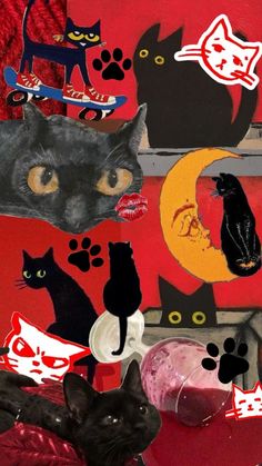 a collage of black cats and other cat related items on a red table cloth