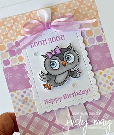 a hand holding up a card with an owl on it's back and the words hoot hoot happy birthday