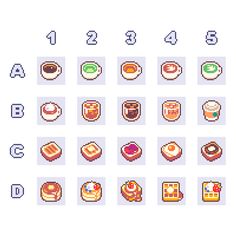 pixelo food icons are shown in different styles and sizes, including donuts, breads