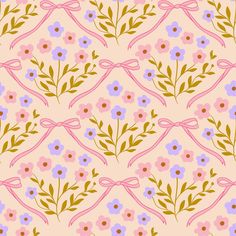 an abstract floral pattern with pink, blue and purple flowers on a light peach background