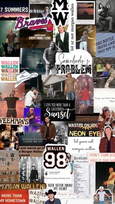 the collage is made up of many different photos and words, including one with a man