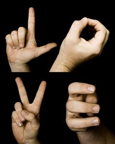 two hands making the v sign with their fingers in black and white photo taken from different angles