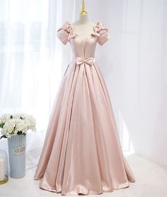 Pink Satin Long Prom Dress, A-Line Evening Dress with Bow · Little Cute · Online Store Powered by Storenvy Satin Prom Dress Short, Pink Satin Prom Dress, Short Sleeve Prom Dresses, V Neck Prom Dresses, Rose Bonbon, Pink Prom, Pink Prom Dresses, Satin Prom Dress, Ball Gown Dresses