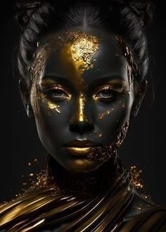 a woman with gold paint on her face and chest, in black and gold makeup