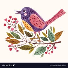 a watercolor painting of a bird on a branch with berries and leaves around it