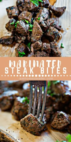 steak bites on a wooden cutting board with a fork in the foreground and text overlay that reads, marinated steak bites