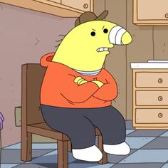 a cartoon character sitting in a chair with his arms crossed and looking at the floor