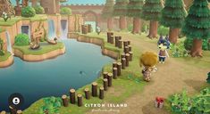 an animal crossing a bridge in the middle of a forest with two people holding umbrellas