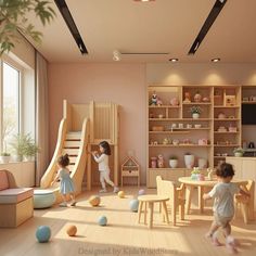 two children playing in a play room with wooden furniture and soft pink walls, while another child plays on the floor