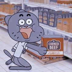 a cartoon character holding a carton of corned beef in a grocery store aisle