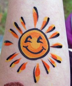 Face Paint Ideas For Beginners, Happy Face Paint, Face Paint Choice Board, Small Face Paint Designs, Hawaiian Face Paint Easy, Sunshine Face Paint, Luau Face Painting Ideas, East Face Paint Ideas, Fast Easy Face Paint Designs