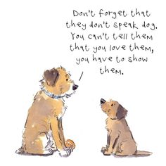 two dogs sitting next to each other with a quote above them that says, don't forget that they don't speak dog you can't tell them