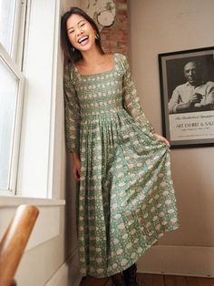 Aegean Teal, Pretty Sleeves, Midi Dress Pattern, Hand Dress, Church Fits, Dress With Long Sleeves, Hand Screen Printed, Desi Fashion, Fall Style