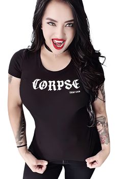 BRAND: Demi Loon DETAILS: Corpse - A must for living Dead girls. Morbidly cute graphic Goth Tank. 95% Cotton 5% Spandex Super soft & stretchy fabric for an easy fit A must have staple for living dead girls Sizing: Small: Bust 33-35" Medium: Bust 36-37" Large: Bust 38-39" XL: Bust 40-41" 2x: Bust 42-43" 3X: 44-45" Stretch Graphic Tee With Logo Print, Edgy Fitted Tops With Text Print, Stretch Graphic Tee Shirt With Graphic Print, Fitted Basic Shirt With Graphic Print, Pre-shrunk Fitted Graphic Tee Tops, Pre-shrunk Fitted Graphic Tee, Edgy Fitted Text Print T-shirt, Black Stretch Tops, Fitted Basic Tops With Screen Print