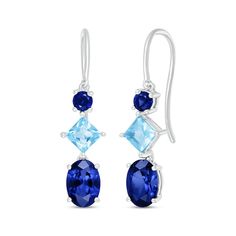 Two shades of blue in three shapes make these dainty drop earrings a gift to remember. Crafted in sterling silver A round-cut blue lab-created sapphire tops the design Sparkling at the center is a tilted square-cut Swiss blue topaz Below, an oval-cut blue lab-created sapphire dangle completes the style The earrings secure with Euro wire backs Blue Drop Earrings, Swiss Blue Topaz, Accessories Jewelry Earrings, Square Cut, Earrings Sterling Silver, Oval Cut, Shades Of Blue, Blue Topaz, Sterling Silver Earrings