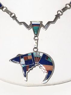 Native American Navajo handmade sterling silver Multi colored inlayed bear Necklace Set * Navajo Tribe * Length: 24 inches * Stones: Lapis, Mediterranean coral, turquoise, Australian opal * Signed Southwestern Blue Necklace With Inlay, Southwestern Blue Inlay Necklace, Southwestern Style Blue Inlay Necklace, Navajo Tribe, American Indian Jewelry, Bear Necklace, Scottsdale Az, Coral Turquoise, Australian Opal