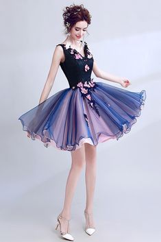 Buy V-neck Navy Blue Lace Short Prom Dress With Pink Beaded Florals at wholesale price online. Free shipping and pro custom service since 2009. Prom Dress Puffy, Pink 3d, Prom Dresses Formal, Short Prom Dresses, Full Dress, Lace Decor, Short Homecoming Dress, Custom Size Dresses, Short Prom Dress