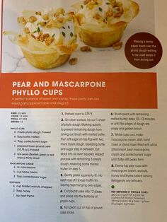 the menu for bear and mascarpone phylo cups