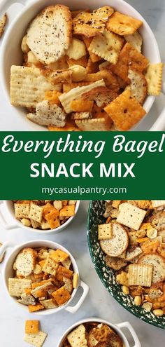 everything bagel snack mix in white bowls with text overlay that says everything bagel snack mix