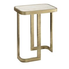 a gold and white side table with marble top