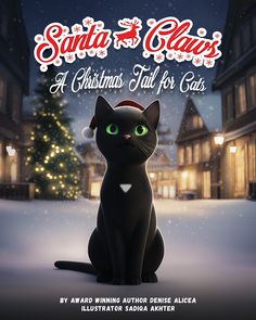 a black cat sitting on top of a snow covered ground next to a christmas tree