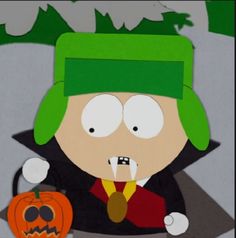 a cartoon character with a green hat and black coat holding a jack - o'- lantern