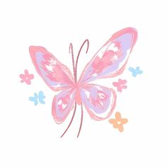 a drawing of a pink butterfly with blue and yellow butterflies around it's wings