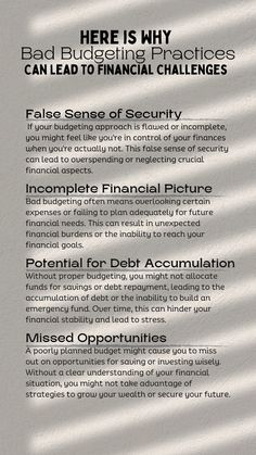 the back cover of a brochure with shadows on it and text that reads, here is why bad budgeting practices can lead to financial challenges