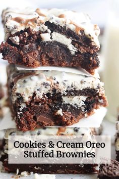 cookies and cream oreo stuffed brownies stacked on top of each other