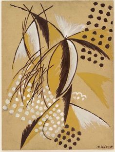 an abstract painting with black, white and yellow flowers on beige background is featured in this image