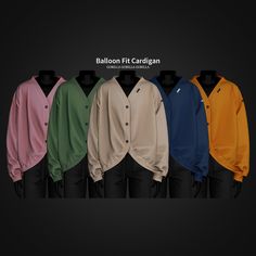 a row of men's sweaters in different colors and sizes, with the text balloon fit cardigan