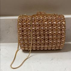 Gorgeous Crystalled Natasha Evening Bag Never Used. Detachable Handle And Extra Crystals Included. Lovely Peach Color. Comes From A Smokefree Home Gold Bags With Removable Pouch For Events, Elegant Gold Crossbody Clutch, Elegant Gold Crossbody Bag, Elegant Gold Evening Bag With Removable Pouch, Luxury Gold Square Clutch, Gold Crossbody Evening Bag For Events, Gold Crossbody Bag For Events, Gold Square Bag For Events, Elegant Gold Square Shoulder Bag