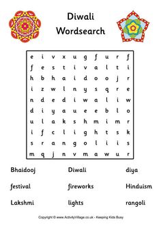 the diwali word search is shown in this image