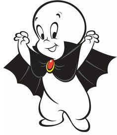 a cartoon ghost with black and white colors, holding his arms up in the air