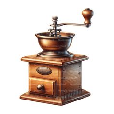 an old fashioned coffee grinder with a cup on the front and bottom, sitting on a