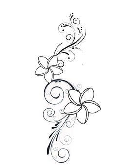 a black and white drawing of flowers with swirls on the bottom half of it