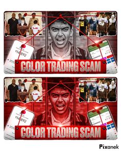 an advertisement for the color trading scam program with images of men in jail cell phones