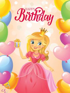 a happy birthday card with a princess holding a gift box and balloons in the air