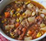 a white bowl filled with meat and vegetables on top of a red checkered table cloth