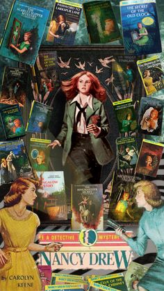 a collage of many books and pictures with an image of a woman in the middle