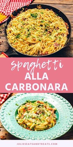 spaghetti alla carbonara in a skillet on a wooden table with text overlay