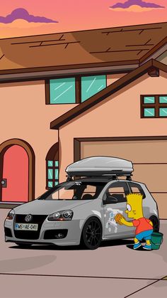 the simpsons car is parked in front of a house with a surfboard on top