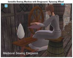 a woman sitting on top of a wooden chair next to a spinning wheel with the words medieval sewing elegance