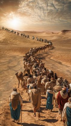 a group of men walking down a dirt road with camels in the background,