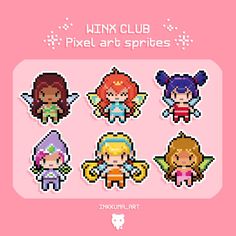 an image of pixel art sprites on the cover of a pink background with different characters